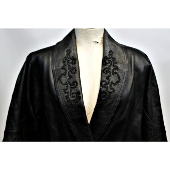 Vtg 80s ECHTES Leder Women's Leather Trench Coat Jacket Embroidered Detail Sz S - Picture 5 of 12